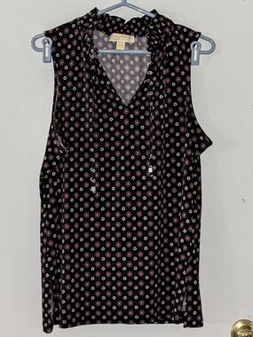 Michael Kors Black Sleeveless V-Neck Camisole with Pink and Cream Motif